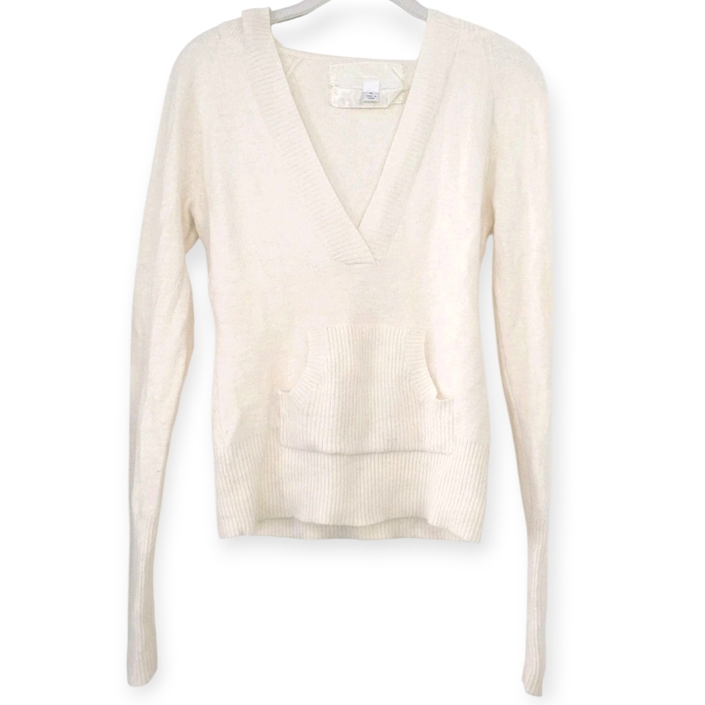 Lucidity Women's Ivory Angora Lambswool LS Hooded Pullover Sweater Y2K Luxury M